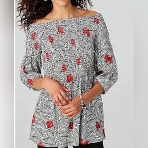 J. Jill XS Black Red Floral Print Smocked Babydoll Blouse Tunic Top Shirt